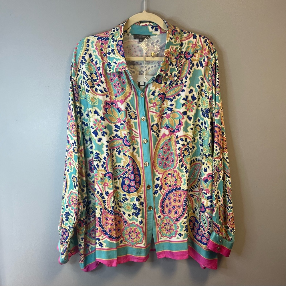 Haute Hippie Blouse Paisley & Floral Print Button Front Collared Top Sz 3X NWT